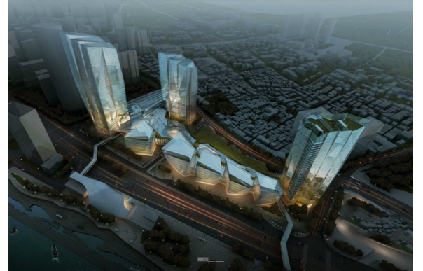 夜景鸟瞰商业体效果图制作